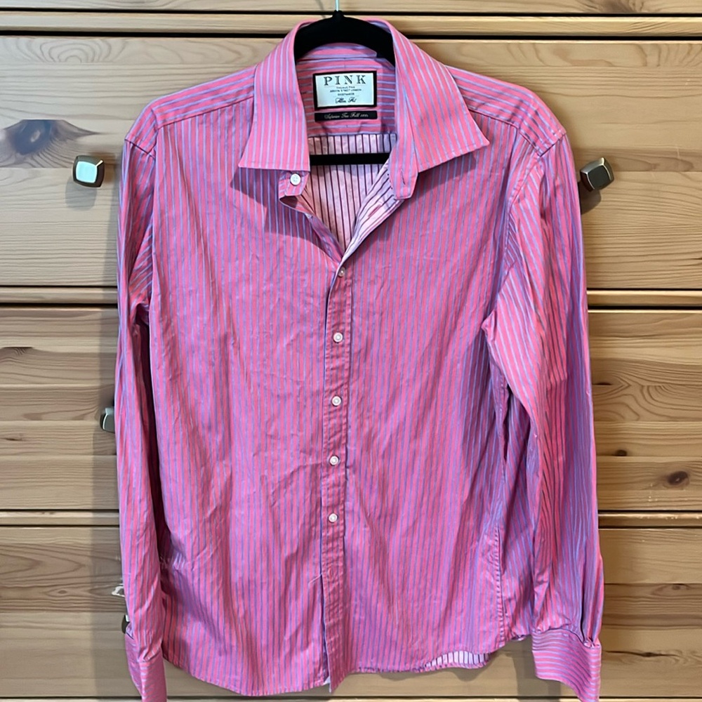 Thomas Pink men’s button down dress shirt - pink with blue/gray stripes